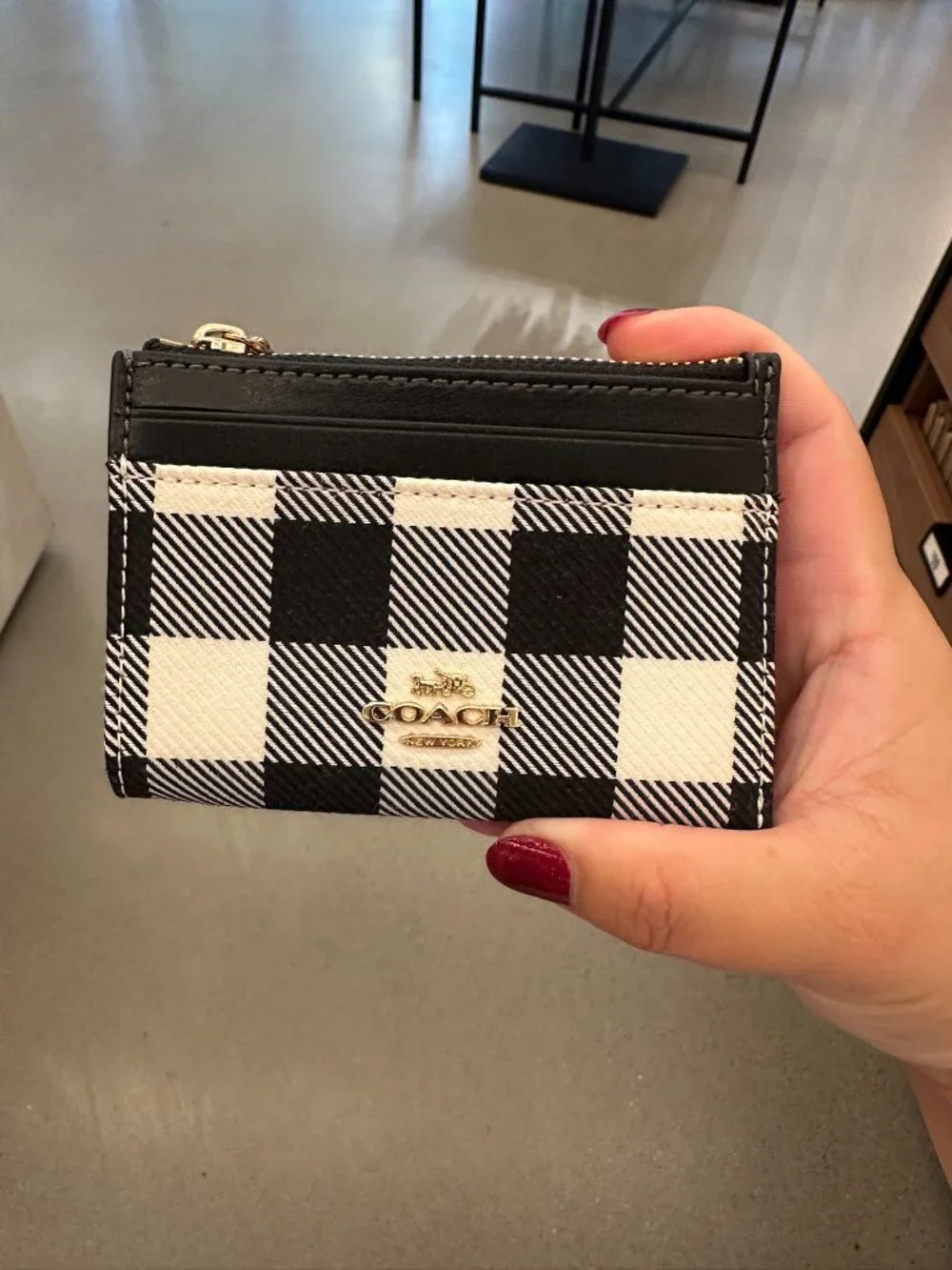 NWT! Coach CFA31 Mini Skinny ID Case With Gingham Print  & Charm In Black Multi
